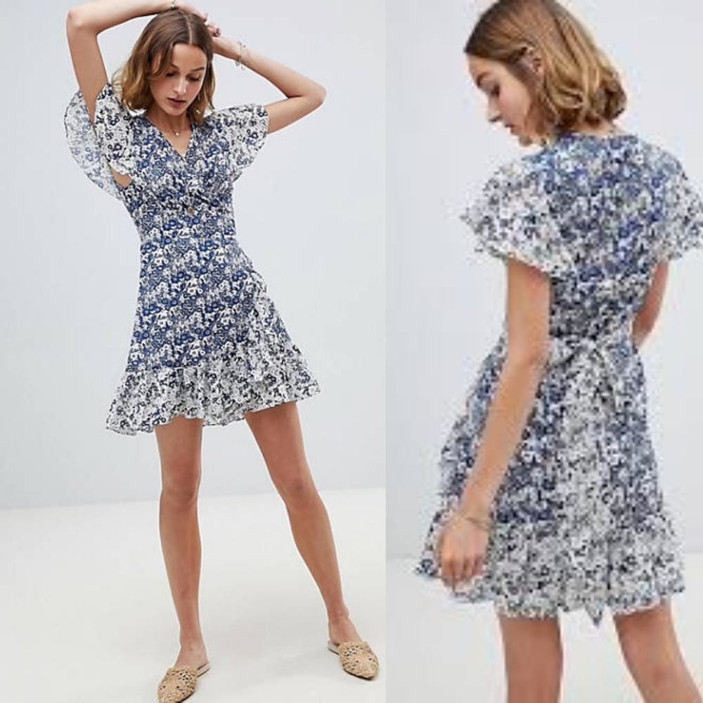 Ba&sh blue floral wrap mini dress